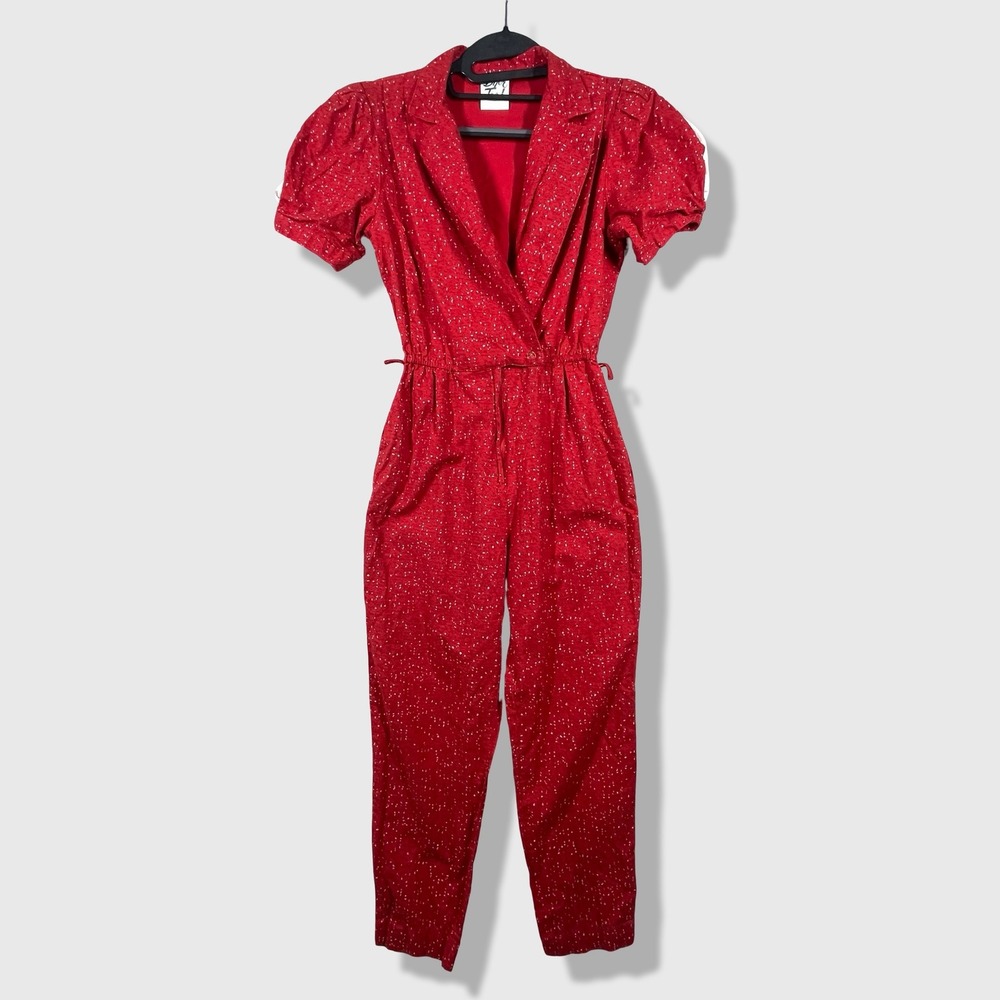 Byer Too! Jumpsuit Women Size 5 Red Polka Dot Vintage 80s Puff Sleeve Romper